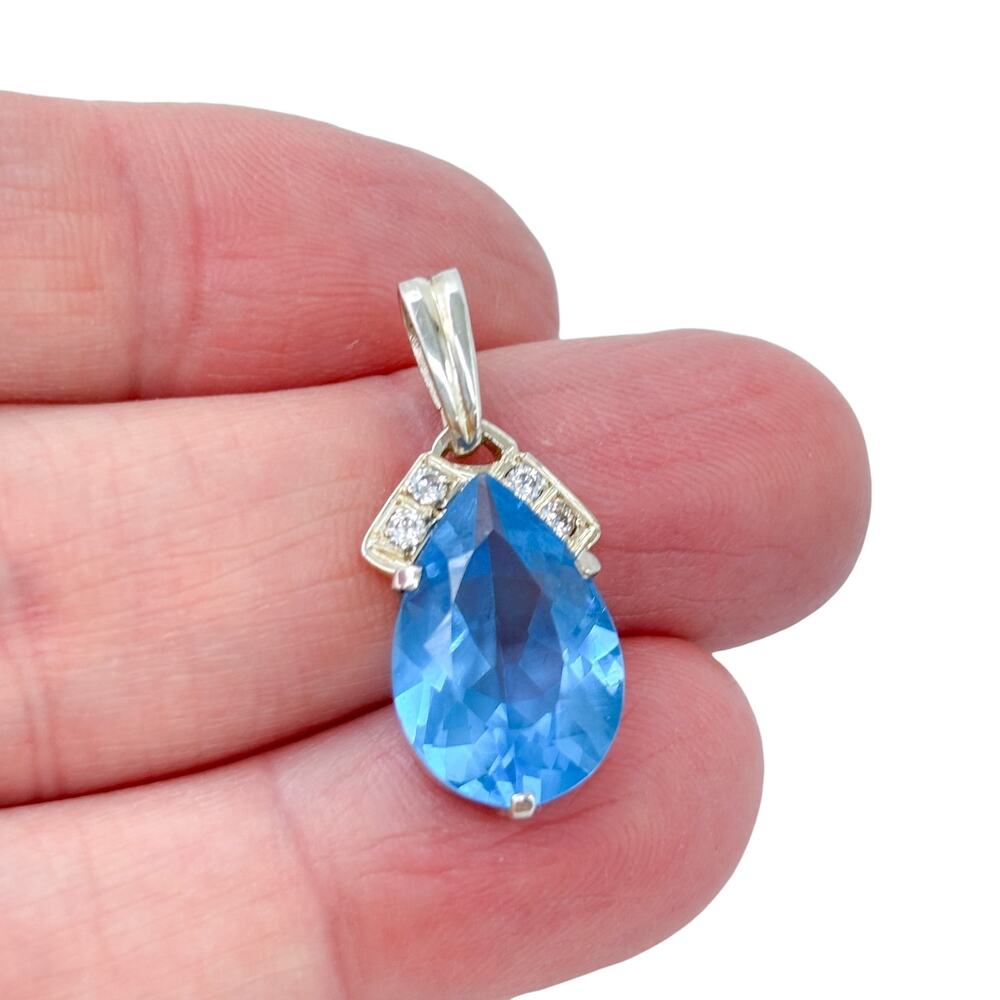Estate Sterling Silver 925 Blue Cubic Zirconia Teardrop Pendant